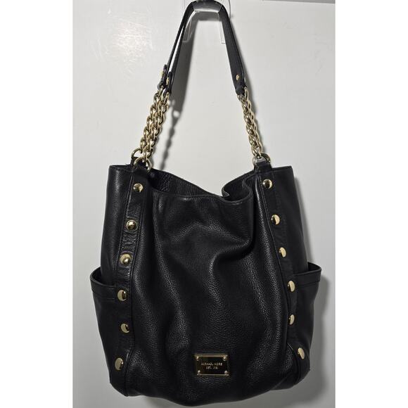 MICHAEL KORS Tote Satchel Shoulder Bag Studded Black Leather Delancey - Picture 1 of 16